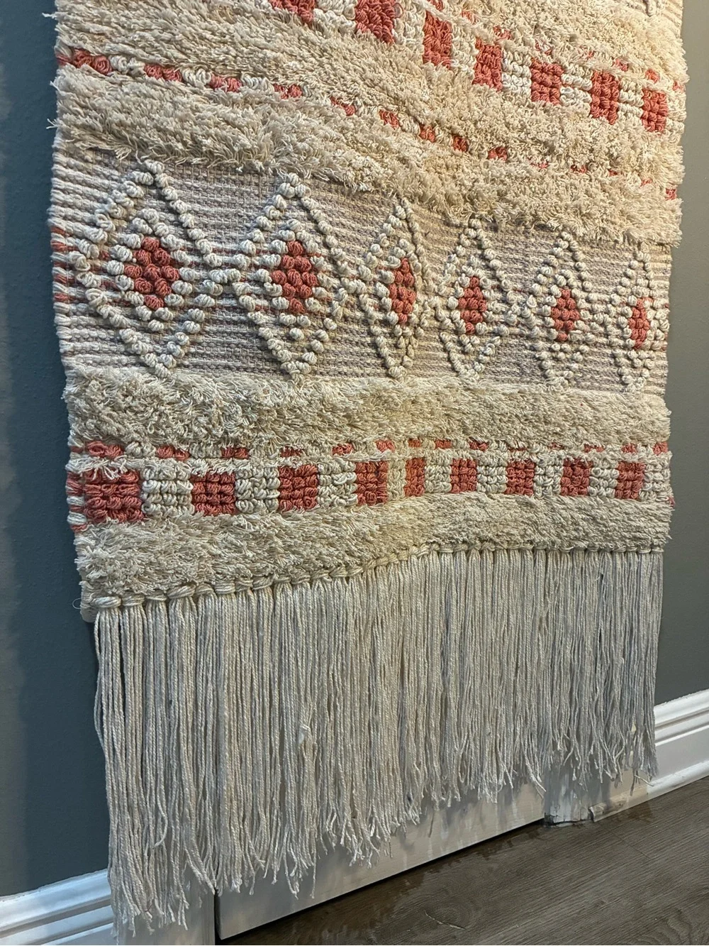 Handmade Cream Grey & Terracotta 31x55 inches, Boho Geometric Woven Tapestry